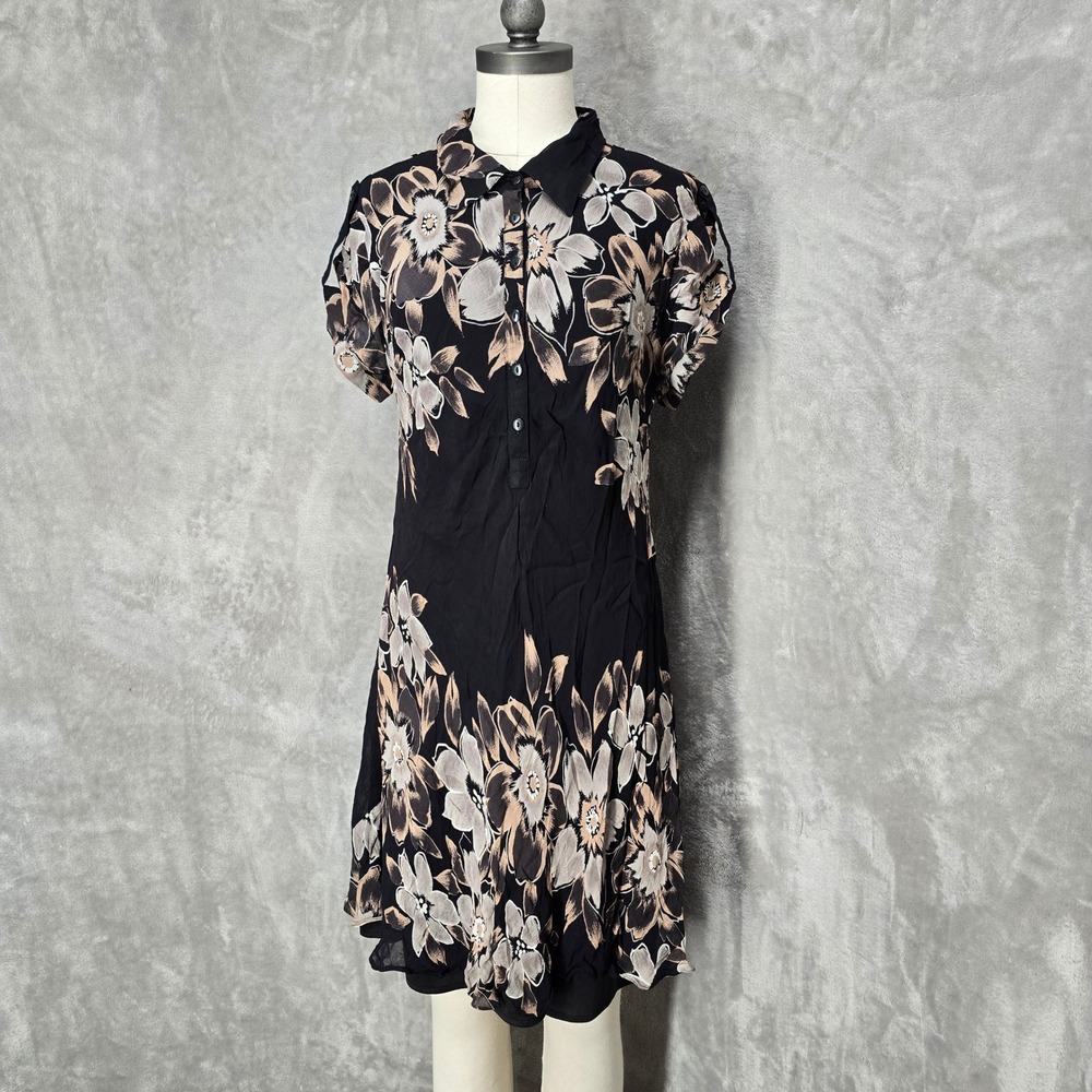 EVA BLUE Women Sz 16 Black Sheer Floral Short‎ Sleeve Collared Button Down Dress